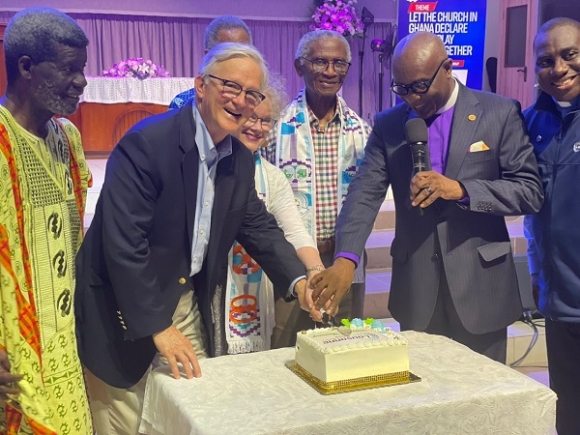 Cutting the anniversary cake : Most.Rev. Prof. J. Asamoah-Gyadu, Apostle Jude Hama, Rev. Dr. Doug Birdsall and wife, and Rev. Gottfried Osei-Mensah Cutting the anniversary cake : Most.Rev. Prof. J. Asamoah-Gyadu, Apostle Jude Hama, Rev. Dr. Doug Birdsall and wife, and Rev. Gottfried Osei-Mensah