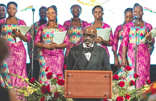 Nana Bediatuo Asante (in suit), Secretary to the President, delivering his address
