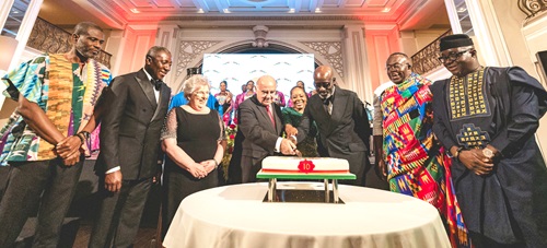 Dr George Vella (4th from left), former President of Malta, assisting Nana Bediatuo Asante (3rd from right), to cut the anniversary cake. With them are Alexander Afenyo-Markin (2nd from left), Majority Leader in Parliament; Stephen Asamoah-Boateng (2nd from right), Minister of Chieftaincy and Religious Affairs; Mark Okraku-Mantey (left), Deputy Minister of Tourism, Arts and Culture; Michael Oquaye Jr (right), CEO, Ghana Free Zones Authority; Miriam Vella (3rd from left), wife of Dr George Vella, and Barbara Benisa, Ghana’s High Commissioner to Malta (4th from right) Dr George Vella (4th from left), former President of Malta, assisting Nana Bediatuo Asante (3rd from right), to cut the anniversary cake. With them are Alexander Afenyo-Markin (2nd from left), Majority Leader in Parliament; Stephen Asamoah-Boateng (2nd from right), Minister of Chieftaincy and Religious Affairs; Mark Okraku-Mantey (left), Deputy Minister of Tourism, Arts and Culture; Michael Oquaye Jr (right), CEO, Ghana Free Zones Authority; Miriam Vella (3rd from left), wife of Dr George Vella, and Barbara Benisa, Ghana’s High Commissioner to Malta (4th from right)