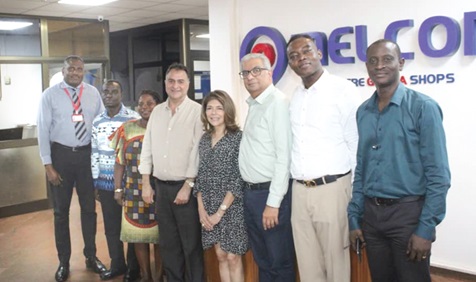 Franklin Sowa (left), Head of Marketing at GCGL; George Danso (2nd from left), Adverts and Sales Manager; Mavis Kyerewaa Boateng (3rd from left); acting Corporate Communications Manager, GCGL; Mahesh Melwani (4th from left), Joint Group MD; Sonya Sadhwani (5th from left), Executive Director; Ramesh Sadhwani (3rd from right), Joint Group MD; Francis Sam (2nd from right), Group General Manager, and Ebo Kwaitoo (right), Deputy News Editor of Daily Graphic, after the visit