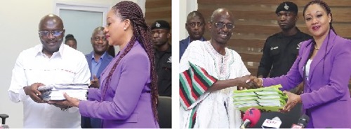  The Vice-president, Dr Mahamudu Bawumia (left), presenting his nomination forms to Jean Mensa, Electoral Commissioner, at the Electoral Commission in Accra. Picture: SAMUEL TEI ADANO, Johnson Asiedu Nketia (left), National Chairman of the NDC, presenting the documents to Jean Mensa, Chairperson, Electoral Commission. Picture: ELVIS NII NOI DOWUONA 