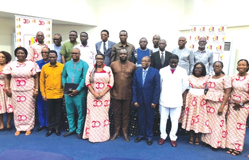 Apostle Eric Nyamekye (3rd from left), President of GPCC, with Kathleen Addy (5th from left), Chairperson of the NCCE, Bishop Charles Agyinasare (4th from right), Bishop Dr Gordon Kisseih (5th from right) and other officials from GPCC and NCCE