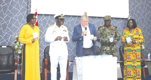  Dr Emma Birikorang (left), Director of FAAR of the KAIPTC; Rear Admiral Issah Adam Yakubu (2nd from left), Chief of the Naval Staff; Tom Norring (middle), Danish Ambassador to Ghana; Major General Richard Addo-Gyane (2nd from right), the Commandant of KAIPTC, and Esi Bordah-Quayson (right), a Director of the Fisheries Commission, launching the Code of Practice for Women in the Maritime Security sector