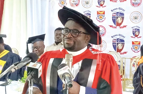 Dr Ransford Kwaku Awuku-Gyampoh (inset), Chief Executive Officer of Rans-Elliot School of Nursing, addressing the graduates last Friday