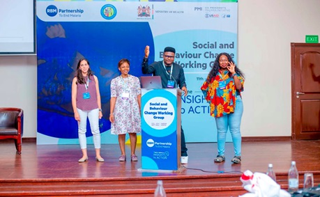 Odinaka Kingsley Obeta (right), a Co-chair of the Roll Back Malaria Youth Workstream, speaking at the annual meeting of the RBM Social and Behaviour Change Working Group in Nairobi, Kenya