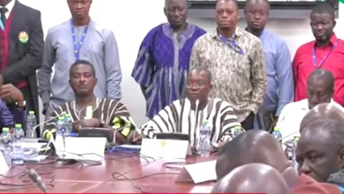 Bernard Ahiafor (seated middle), Chairman of the Appointments Committee, flanked by Kweku Ricketts-Hagan (left), Deputy Majority Leader, and Alexander Afenyo-Markin (right), Minority Leader, addressing the press conference