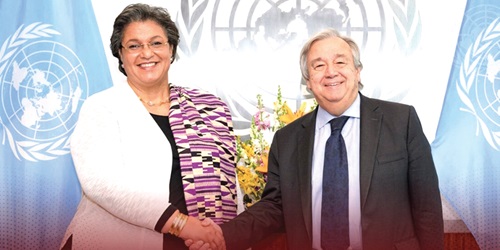 António Guterres, United Nations Chief, in a hand shake with Hanna Serwaa Tetteh of Ghana