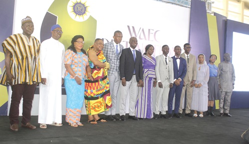 Haruna Iddrisu (6th from right), Minister of Education, with the award winners of WASSCE 2024 and some dignitaries. With them is David Nii Commey Ankrah (5th from right), a former student of Hope College and Overall Best Candidate in the WASSCE for School Candidates 2024. Picture: ESTHER ADJORKOR ADJEI