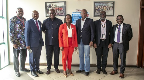 Mrs Justina Nelson (middle), acting CEO, MIIF, flanked by Ato Afful (3rd from right), MD, GCGL, and Theophilus Yartey (3rd from left), Editor, Graphic. Others are from left: Franklin Sowa, Director, Marketing and Sales, GCGL; Daniel Imadi, Head of Legal; Kwabena Barning, Chief Technical Officer, and Charles Benoni Okine, Head of Corporate Affairs and External Relations, all of MIIF. Picture: DOUGLAS ANANE-FRIMPONG