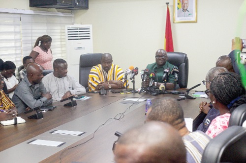 Eric Opoku (arrowed), Minister of Food and Agriculture, addressing participants in the media briefing. Picture: CALEB VANDERPUYE