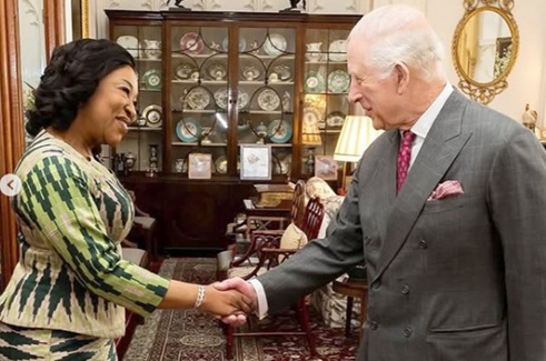 King Charles, King of England and Head of the Commonwealth, welcoming Shirley Ayorkor Botchwey, Secretary-General of the Commonwealth, to the Windsor Castle