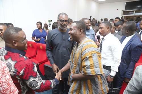 Samuel Nartey George (left), Minister of Communication, Digital Technology and Innovations, interacting with some of the guests after the press conference in Accra. Picture: SAMUEL TEI ADANO
