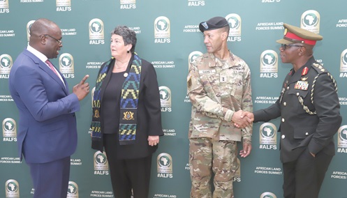 Dr Omane-Boamah (left), Minister of Defence, interacting with Virginia E. Palmer (2nd from  left), US Ambassador to Ghana. With them are Major General Lawrence C. Gainey (2nd from right), Commanding General, US Army, Southern European Task Force Africa, and Major General Lawrence Gbetanu (right), Chief of Army Staff, Ghana Armed Forces.  Picture: SAMUEL TEI ADANO