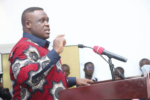 Samuel George (inset), Minister of Communications, Digital Technology and Innovation, addressing the media in Accra. Picture: SAMUEL TEI ADANO