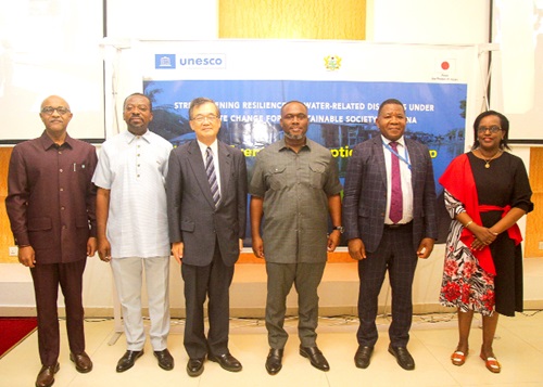 Kenneth Gilbert Adjei (3rd from right), Minister of Works and Housing, with Edmond Moukala Ngouemo (2nd from right), Head and Representative of UNESCO; Yoshimoto Hiroshi (3rd from left), Japanese Ambassador to Ghana, with officials after the event. Picture: CALEB VANDERPUYE 
