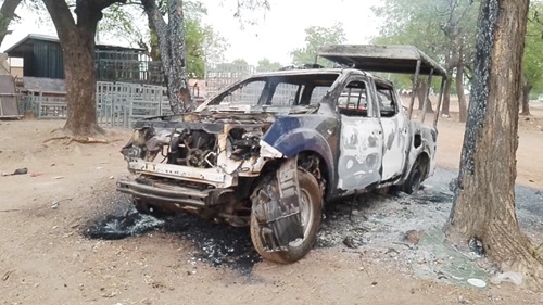 A police vehicle that was set ablaze A police vehicle that was set ablaze
