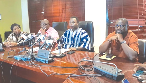 Rev. John Ntim Fordjour (2nd from right), MP for Assin South, addressing the press. With him are Amankwa-Manu Kofi (2nd from left), MP for Atwima Kwanwoma, Frank Annoh-Dompreh (right), MP for Nsawam-Adoagyiri, and Patricia Appiagyei (left), MP for Asokwa.