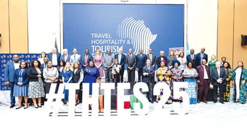 Zurab Pololikashvili, Secretary General of UN Tourism and Rodney Malindi Sikumba, Zambian Minister of Tourism, with other dignitaries at the official opening of the 3rd Tourism and Hospitality Training and Education Summit in Zambia