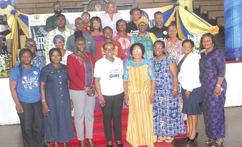 Prof. Nana Ama Brown Klutse (3rd from left), Head, Department of Physics, University of Ghana, Legon; Prof. Nana Aba Appiah Amfo (4th from left), Vice-Chancellor, University of Ghana, with Prof. Smile Gavua Dzisi (4th from right), Deputy Director-General, GES, and some participants. Picture: ESTHER ADJORKOR ADJEI 