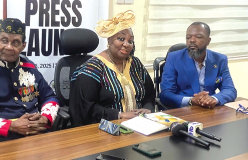 Nyakan June (middle), Convener of the conference, addressing the media. With her is Kofi Okyere Darko (right), Presidential Adviser on Diaspora Affairs