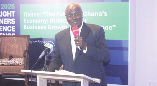  Dr Richmond Atuahene (inset), Director, Salman Partners and Financial Consult Limited, speaking at the conference.  Picture:  ERNEST KODZI