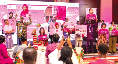 Participants displaying images of breast cancer survivors at the ‘Beat Breast Cancer’ initiative Participants displaying images of breast cancer survivors at the ‘Beat Breast Cancer’ initiative