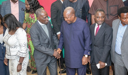 President John Mahama (middle) congratulating Rev. Prof. Emeritus Seth Aryeetey (left), Head of the Task Force for the fund, after the launch. With them is Kwabena Mintah Akandoh, Minister of Health.  Picture: DOUGLAS ANANE-FRIMPONG