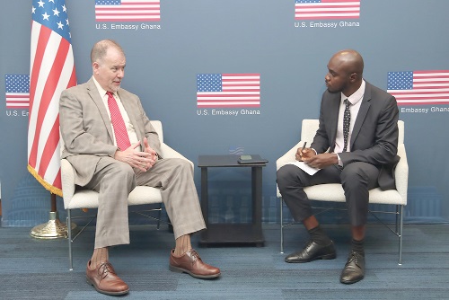 Rolf Olson (left), Chargé d’Affaires of the US Embassy in Ghana, explaining a point to our reporter. Picture: ELVIS NII NOI DOWUONA