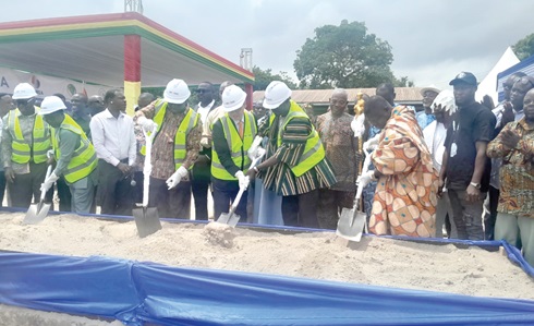 Eric Opoku (5th from left), Minister of Food and Agriculture, and other dignitaries performing the ceremonial sod-cutting  for the construction of the Ashaiman Irrigation Scheme