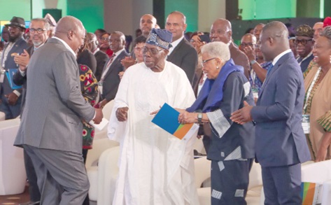 Olusegun Obasanjo (2nd from left), former President of Nigeria, and Ellen Johnson Sirleaf (2nd from right), former President of Liberia, congratulating President John Dramani Mahama (left) on the summit in Accra. Looking on is Kwabena Mintah Akandoh (right), Minister of Health. Picture: ELVIS NII NOI DOWUONA 