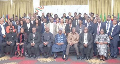 Alban Sumana Kingsford Bagbin (seated 4th from right), Speaker of Parliament, with Mahama Ayariga (seated 4th from left), Majority Leader of Parliament; Alexander Afenyo-Markin (seated 3rd from right), Minority Leader of Parliament; Steve Katawa Banda (seated 2nd from right), President, Conference of the Commonwealth Hansard Editors Association - Africa Region, and some participants. Picture: ELVIS NII NOI DOWUONA 
