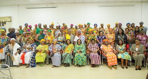 Rita Odoley Sowah (5th from left), Deputy Minister of Local Government, Chieftaincy and Religious Affairs, with Sophia Akuffo (3rd from left), Former Chief Justice, and Council of State Member; Nana Otubea II (2nd from left), President of the association and Paramount Queen mother of Nkonya Traditional Area, and officials after the event. Picture: CALEB VANDERPUYE