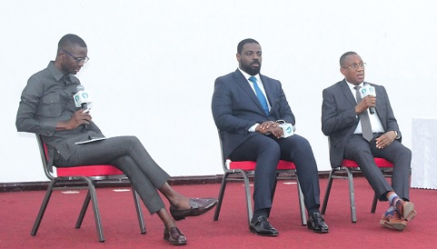 Dr Edem Hiadzi (right), CEO, Lister Hospital and Fertility Care, and Dr Senanu Djokoto (middle), deputy CEO, Operations, NHIA, in a panel discussion being moderated by Benard Avle (left), Journalist. Picture: ERNEST KODZI 