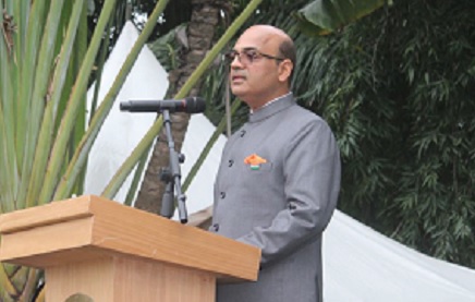 Manish Gupta, Indian High Commissioner to Ghana, addressing the Indian community at the commemoration at the event in Accra