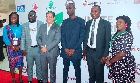 Kafui Prebbie (2nd from left), CEO, IMPLEMENTERS, with Rajiv Pradhan (3rd from left), Country Director, Swiss Contact, Victoria Beeko Danso (right), journalist,  and other dignitaries. Picture: ERNEST KODZI