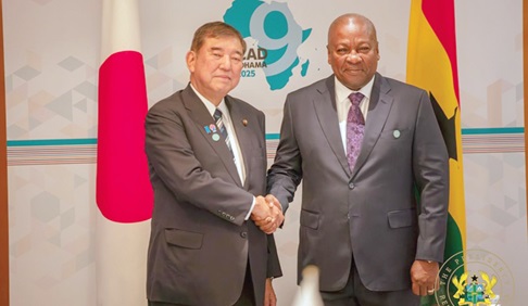 President John Dramani Mahama (right) exchanging pleasantaries with Shigeru Ishiba, Prime Minister of Japan after the event