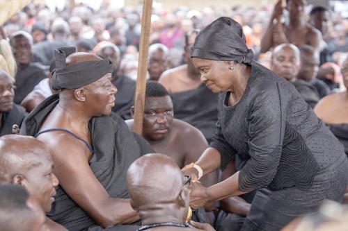 Vice-President Prof. Naana Jane Opoku-Agyemang (right) commiserating with Otumfuo Osei Tutu II, the Asantehene, at the one-week ceremony of the late Asantehemaa held at the Manhyia Palace in Kumasi. Picture: EMMANUEL BAAH