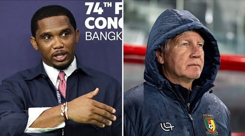 Samuel Eto'o is locked in a bitter feud with Cameroon manager Marc Brys, who is refusing the sack