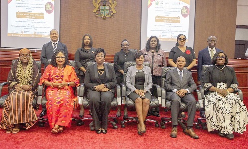 Justice Sophia Rosetta Bernasko (seated 3rd from left), Chairperson of Judicial Service Gender Equity Committee, with Dr Charity Binka (seated 2nd from left), Chairperson of African Women Leaders Network Ghana, and other officials after the event. Picture: CALEB VANDERPUYE