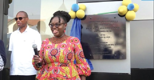 Nana Aba Appiah Amfo  (inset), the Vice-Chancellor of the University of Ghana, speaking at the inauguration of the Diamond Hall, the new hall of residence for students