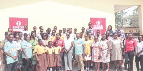 Some beneficiary learners, teachers and Telecel Foundation officials after the launch of the Digi Tech Academy programme