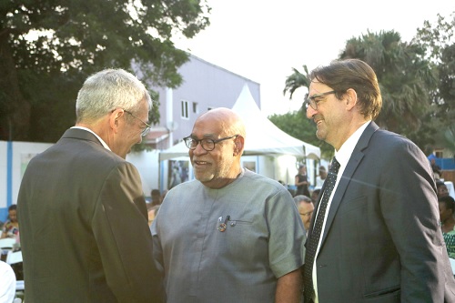 Roey Gilad (left), Israeli Ambassador to Ghana, Liberia and Sierra Leone, Charles Abani (middle), UN Resident Coordinator, and Daniel Krull, German Ambassador to Ghana, in a hearty chat after the ceremony