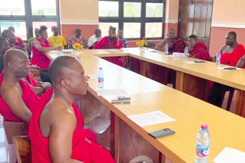Nana Enoku Payin III (inset), Tufuhene of the Aowin Traditional Area, speaking on behalf of the council at the press conference