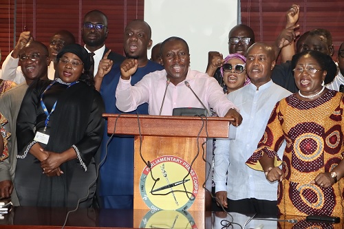 Alexander Kwamina Afenyo-Markin (middle), Minority Leader, with the Minority Caucus of Parliament, during the press conference. Picture: ELVIS NII NOI DOWUONA 