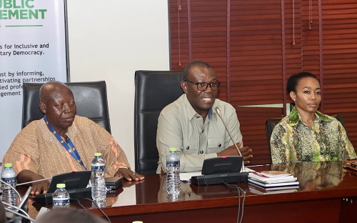 Emmanuel Bedzrah (middle), Chairman, Ad hoc Committee, addressing the media. With him are Bede Ziedeng (left), Member of Parliament, Lawra, and Dr Zanetor Agyeman-Rawlings, Member of Parliament, Klottey-Korle. Picture: ELVIS NII NOI DOWUONA 