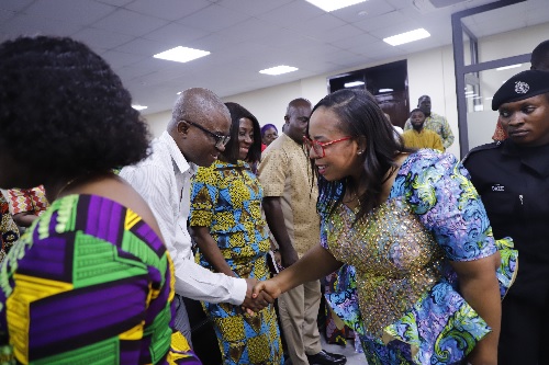  Linda Akweley Ocloo (right), Greater Accra Regional Minister, exchanging pleasantries with some staff after the meeting  Picture: EDNA SALVO KOTEY