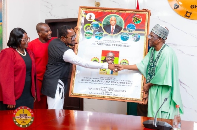 A special gift showcasing Vanuatu’s renowned tourist attractions, along with a portrait of H.E. Nikenike Vurobaravu, President of Vanuatu, was presented to Speaker Bagbin 