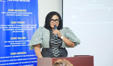 Dr Agnes Naa Momo Lartey (left) addressing the staff of the Ministry of Gender, Children and Social Protection