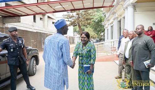 Mubarak Mohammed Muntaka (2nd from right), Minister for the Interior, being welcomed by Doreen P. Annan, acting Chief Director,  Ministry for the Interior