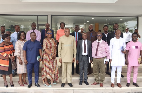 Dr Abdul-Rashid Pelpuo (middle), Minister of Labour, Jobs and Employment, Gloria Noi (4th from left), Director of Policy, Planning, Monitoring, and Evaluation, Ministry of Labour, Jobs and Employment; Benjamin Arthur (2nd from right), Chief Executive of the Fair Wages and Salaries Commission, and some directors of the ministry. Picture: ELVIS NII NOI DOWUONA